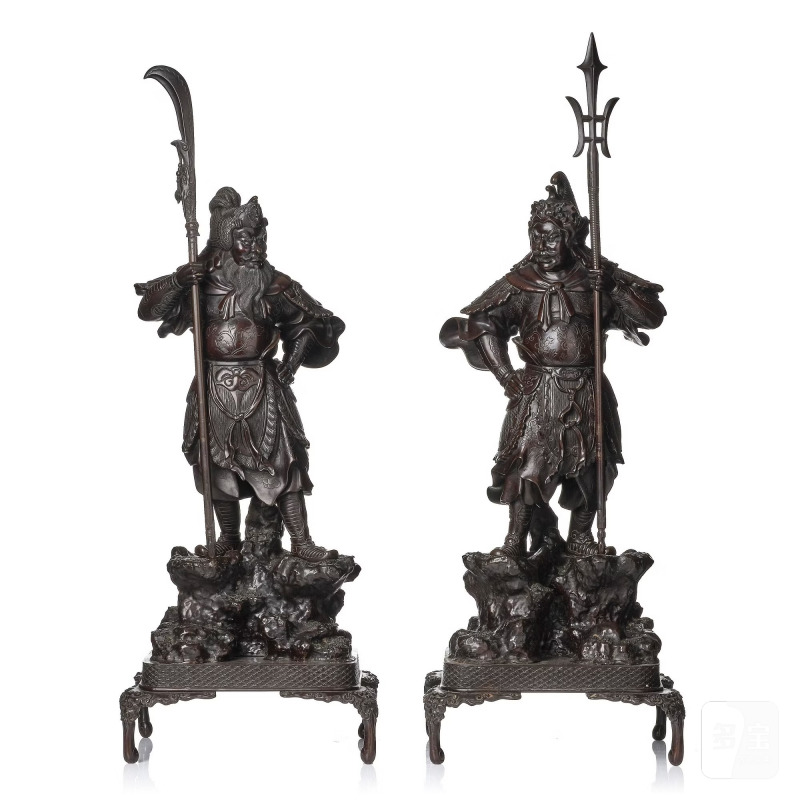 A pair of Japanese bronze guardians,